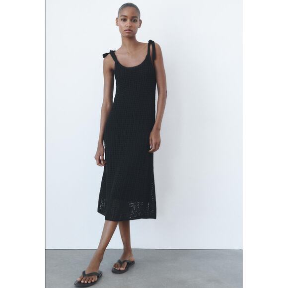 Zara Crochet Open Knit Midi Dress Small Black Fully Lined Bow Straps Neutral - Picture 1 of 13